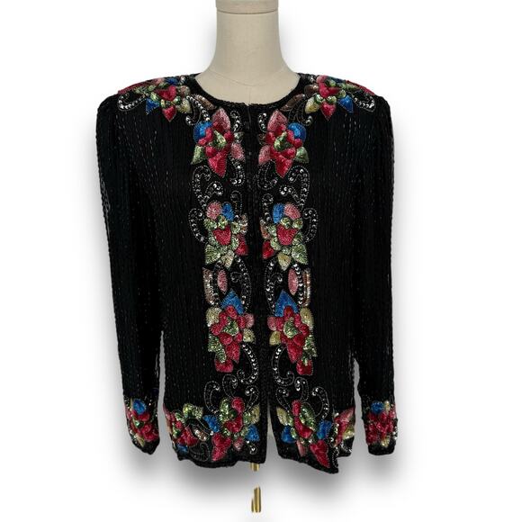 Vintage 1980s American Night Black Beaded Silk Evening Jacket, Floral Sequin, S - Picture 2 of 8